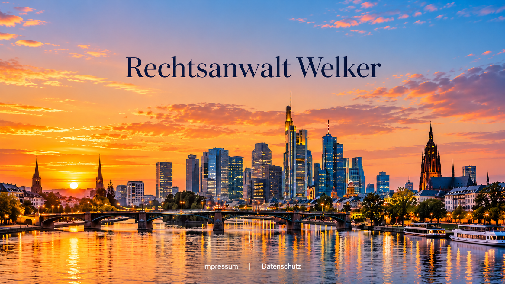 Frankfurt am Main bei Sonnenuntergang mit der Überschrift Rechtsanwalt Welker